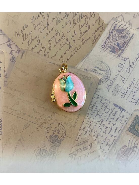 Other - Charming Floral Enamel Oval Locket Pendant with Gold Tone Finish